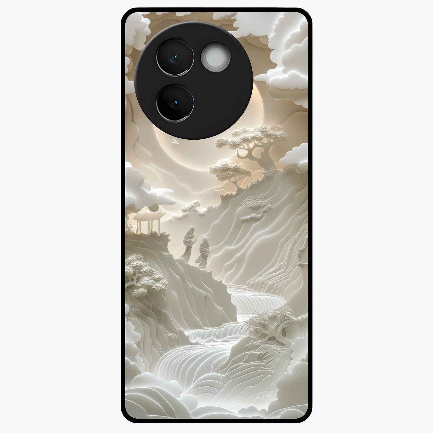 Celestial Origami Glass Case showing flat back view with artistic origami inspired celestial artwork and glossy glass finish.