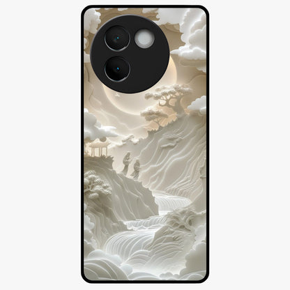 Celestial Origami Glass Case showing flat back view with artistic origami inspired celestial artwork and glossy glass finish.