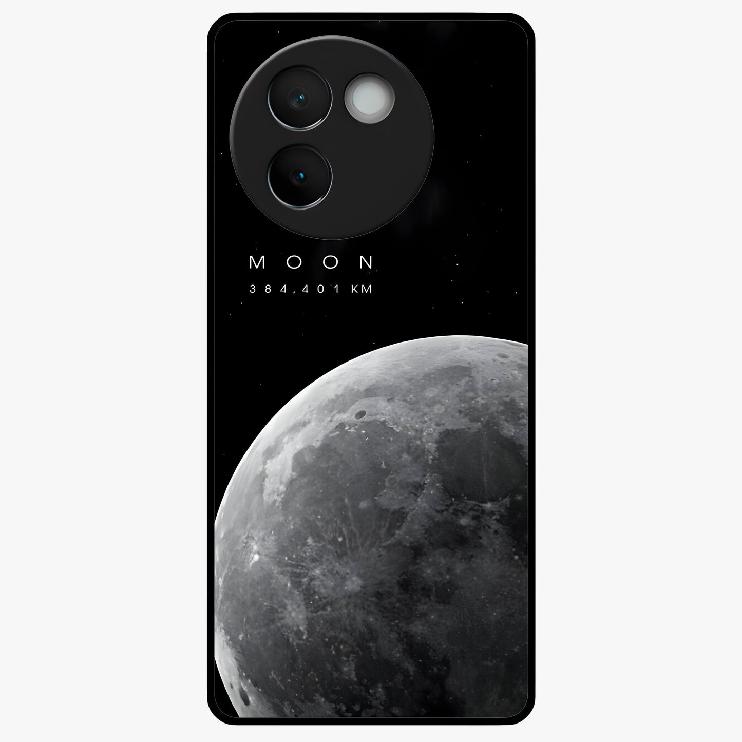 Cosmic Moon Glow Glass Case showing flat back view with glowing moon artwork and glossy glass finish.