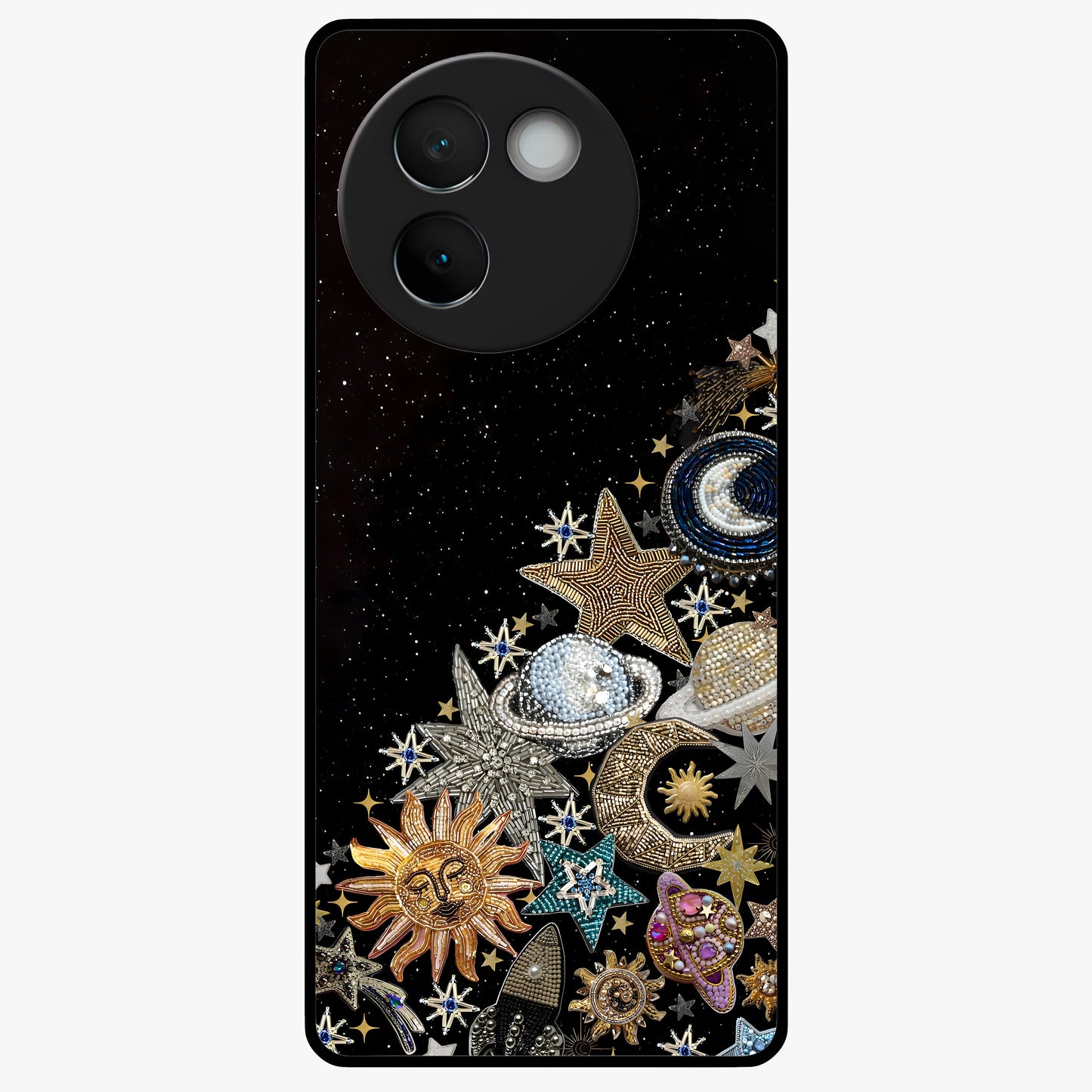 Cosmic Sparkle Dreams Glass Case showing flat back view with sparkling cosmic artwork and glossy glass finish.
