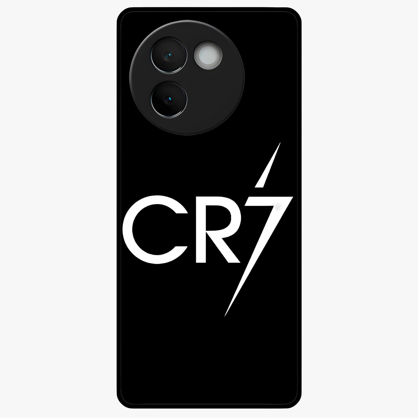 Cr7 Elite Strike Glass Case showing flat back view with dynamic football inspired artwork and glossy glass finish.