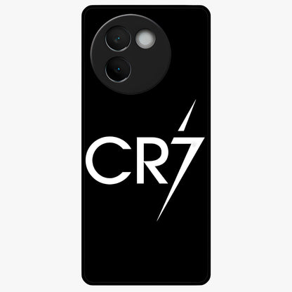 Cr7 Elite Strike Glass Case showing flat back view with dynamic football inspired artwork and glossy glass finish.