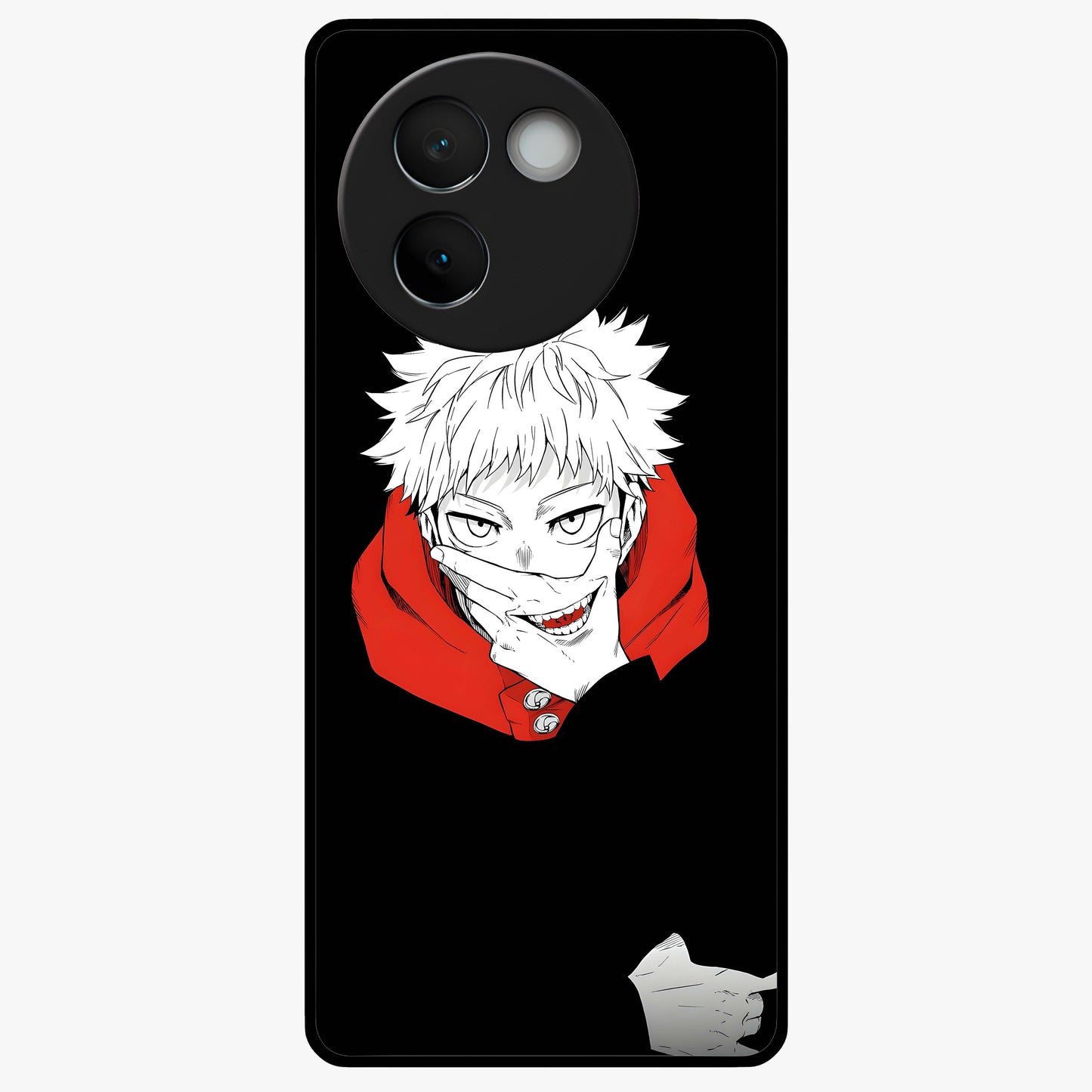 Crimson Chaos Smile Glass Case showing flat back view with bold chaotic smile artwork and glossy glass finish.