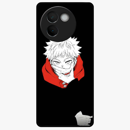 Crimson Chaos Smile Glass Case showing flat back view with bold chaotic smile artwork and glossy glass finish.