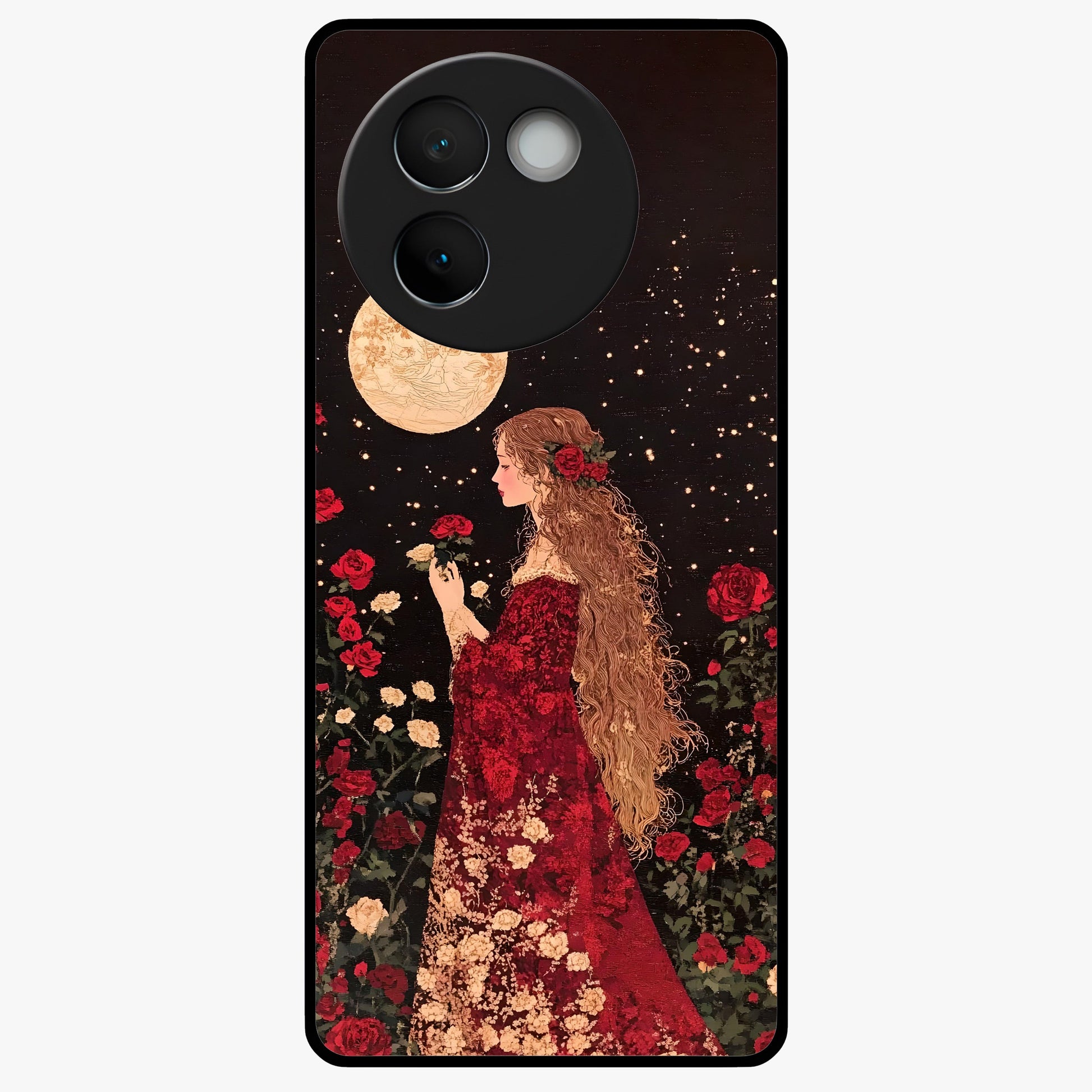 Crimson Dreams Glass Case showing flat back view with dreamy crimson artwork and glossy glass finish.