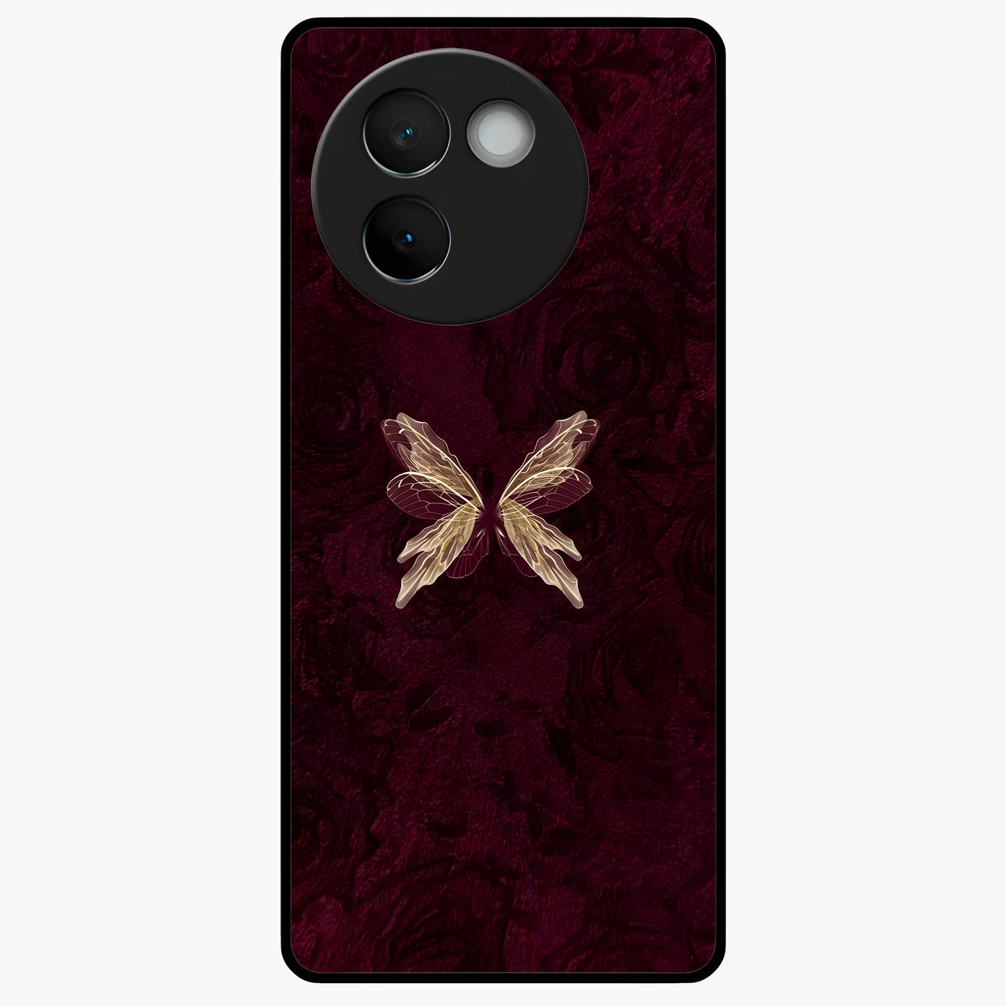 Crimson Fade Butterfly Glass Case showing flat back view with fading butterfly artwork and glossy glass finish.