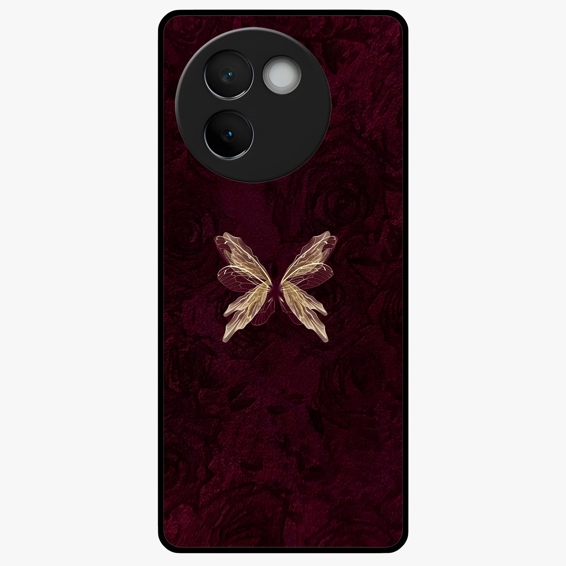 Crimson Fade Butterfly Glass Case showing flat back view with fading butterfly artwork and glossy glass finish.