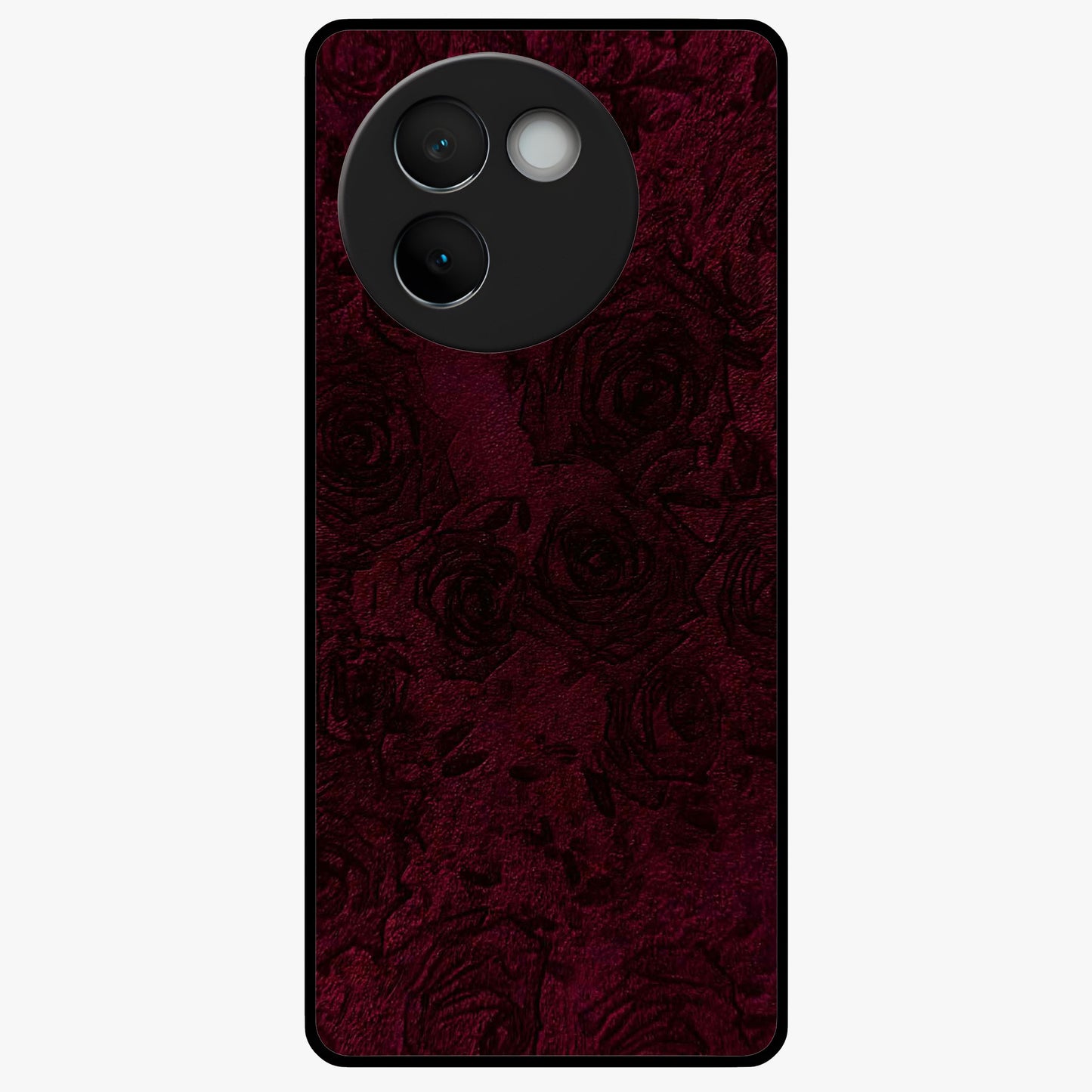 Crimson Fade Flow Glass Case showing flat back view with flowing crimson gradient artwork and glossy glass finish.
