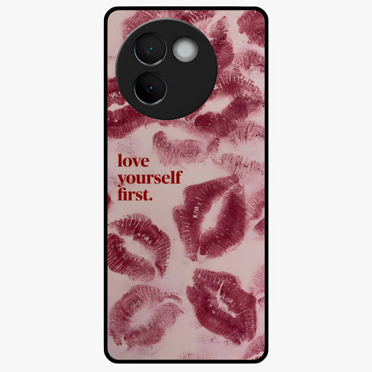 Crimson Kiss Love Glass Case showing flat back view with romantic crimson themed artwork and glossy glass finish.