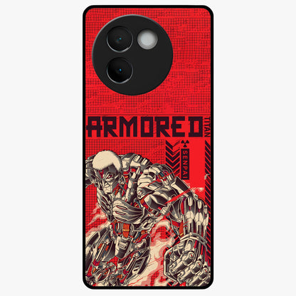 Crimson Mecha Titan Glass Case showing flat back view with powerful mech titan artwork and glossy glass finish.