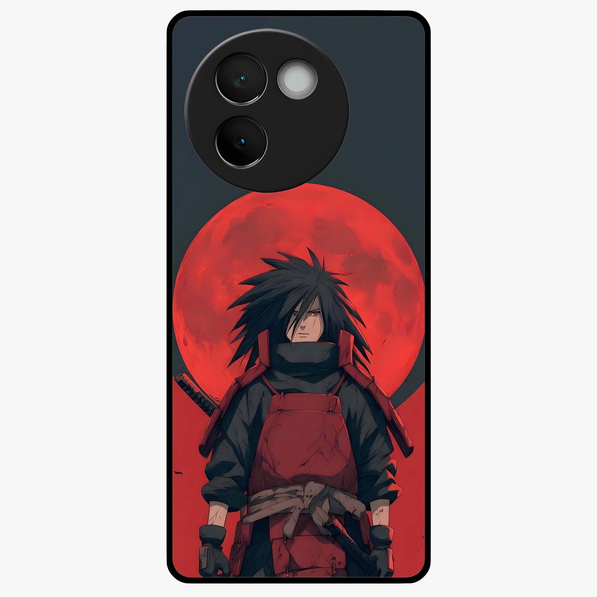 Crimson Moon Warlord Glass Case showing flat back view with mystical moon warrior artwork and glossy glass finish.
