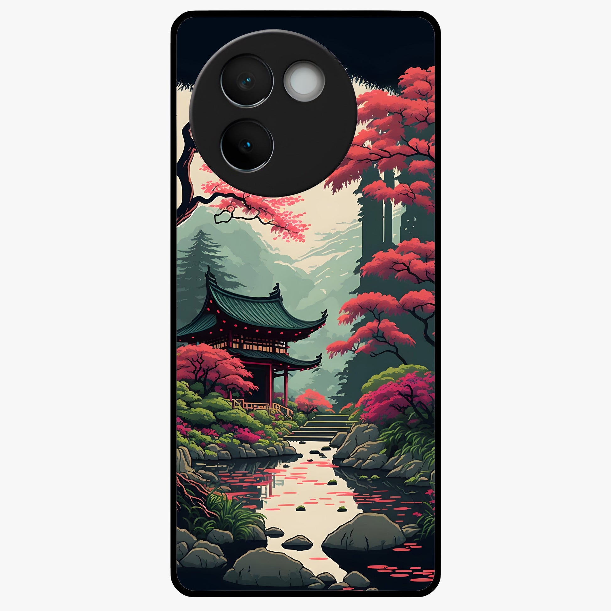 Crimson Temple View Glass Case showing flat back view with temple inspired artwork and glossy glass finish.