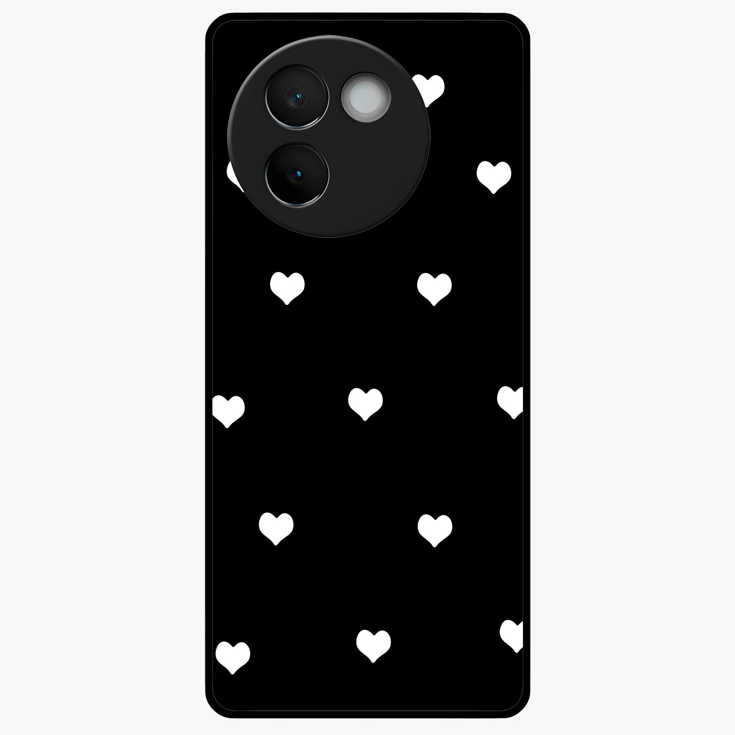 Cute And Simple White Hearts Glass Case showing flat back view with minimal white heart pattern and glossy glass finish.