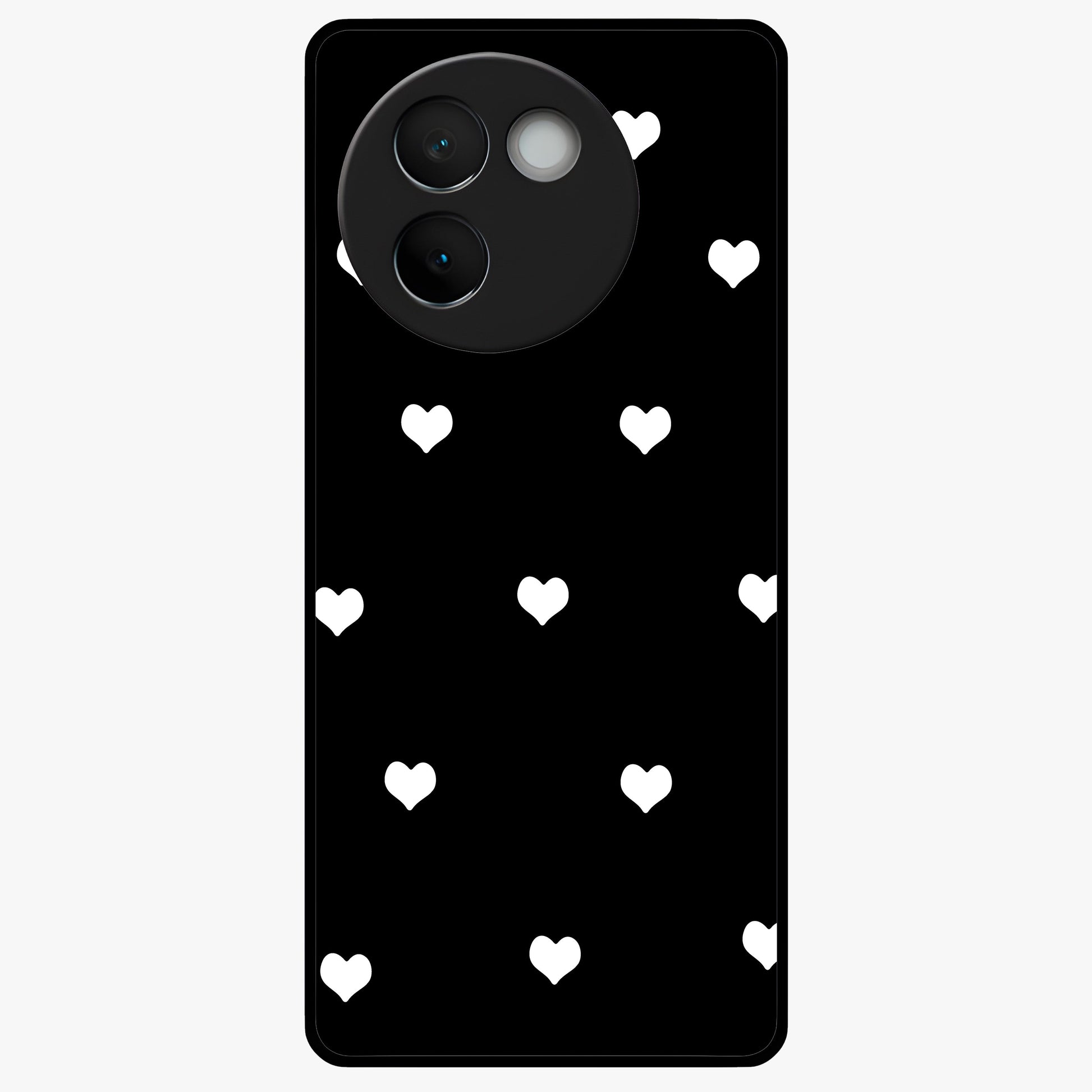 Cute And Simple White Hearts Glass Case showing flat back view with minimal white heart pattern and glossy glass finish.