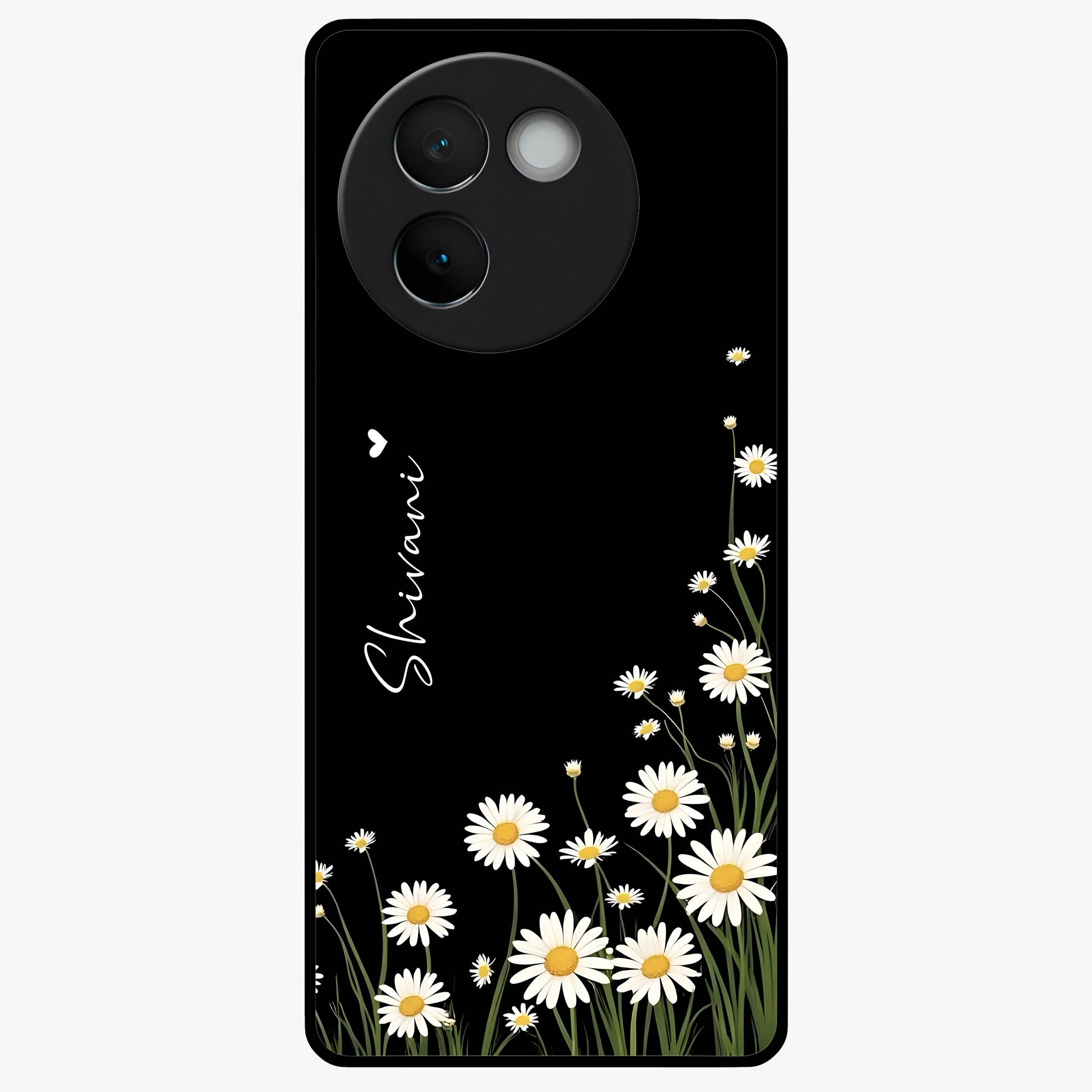 Daisy Cascade Custom Name Glass Case showing flat back view with cascading daisy flowers and personalized name design.
