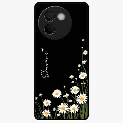 Daisy Cascade Custom Name Glass Case showing flat back view with cascading daisy flowers and personalized name design.