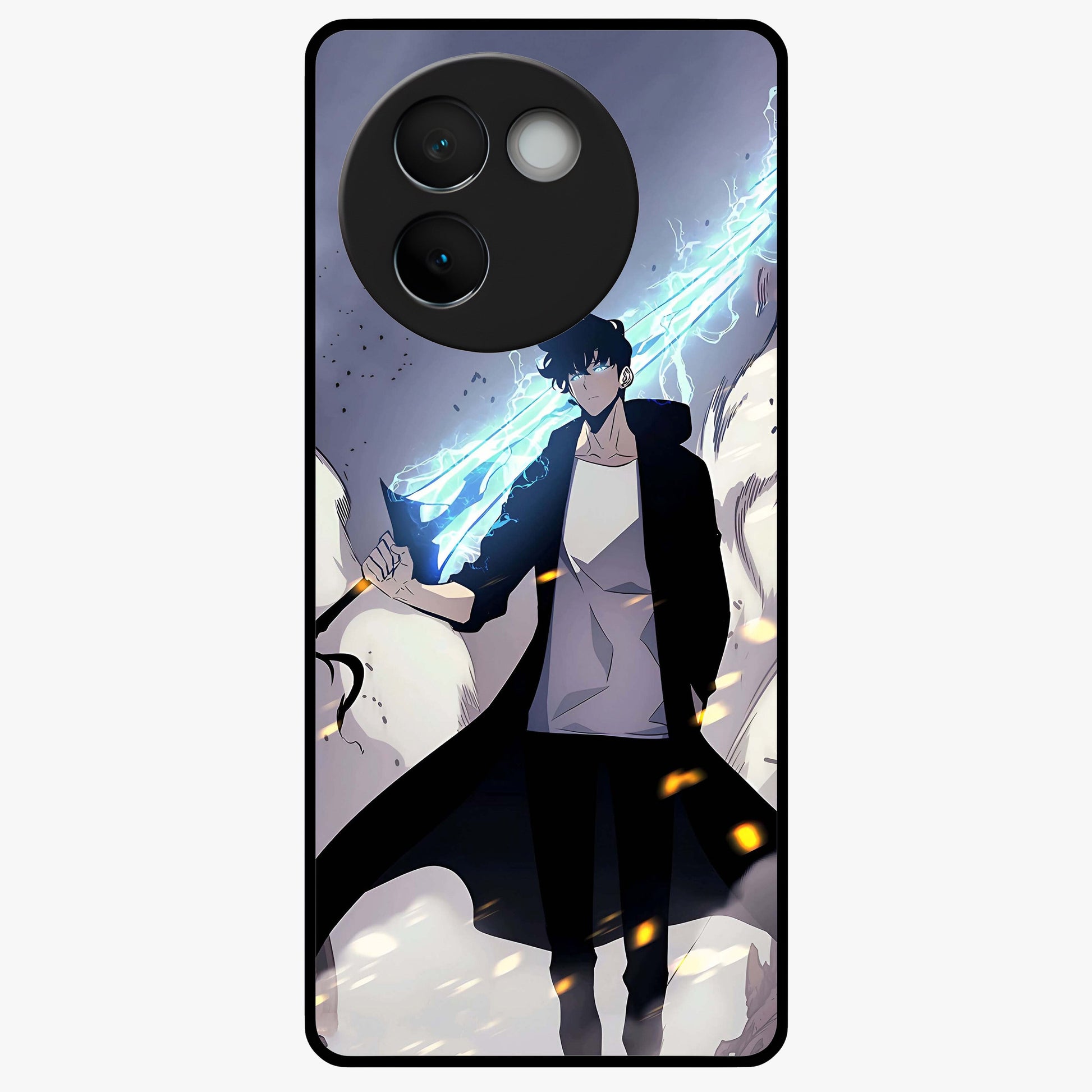 Dark Lightning Anime Warrior Glass Case showing flat back view with intense anime warrior artwork and glossy glass finish.