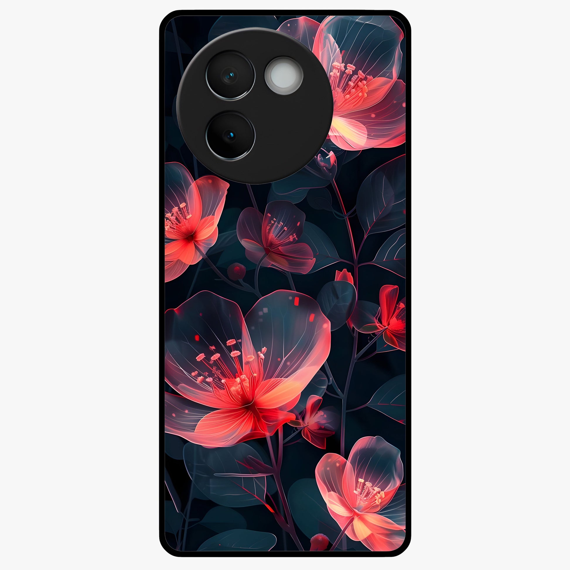 Dark Shade of Flower Glass Case showing flat back view with elegant dark floral artwork and glossy glass finish.