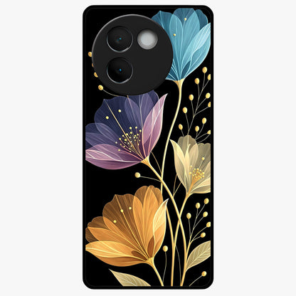 Delicate Multicolor Flowers Glass Case showing flat back view with vibrant floral artwork and glossy glass finish.