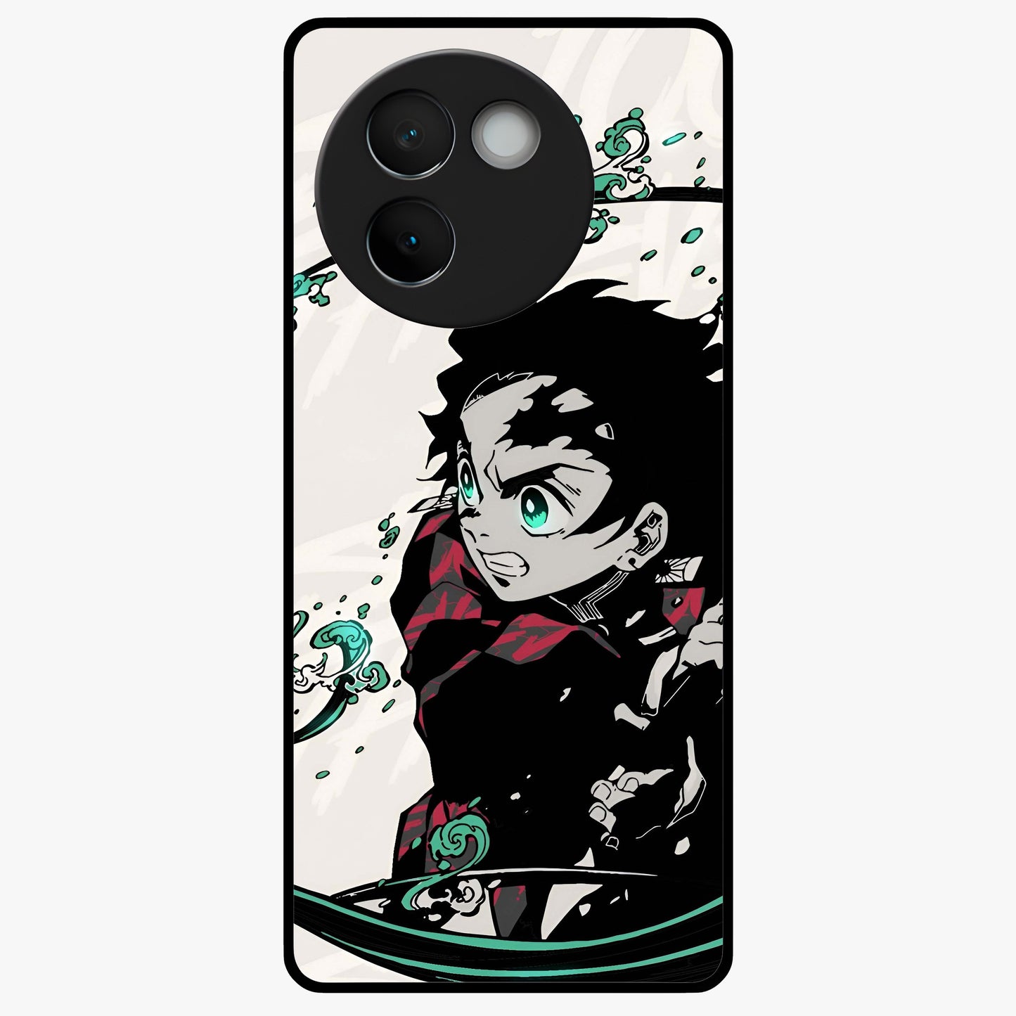 Demon Slayer Glass Case showing flat back view with bold anime inspired artwork and glossy glass finish.