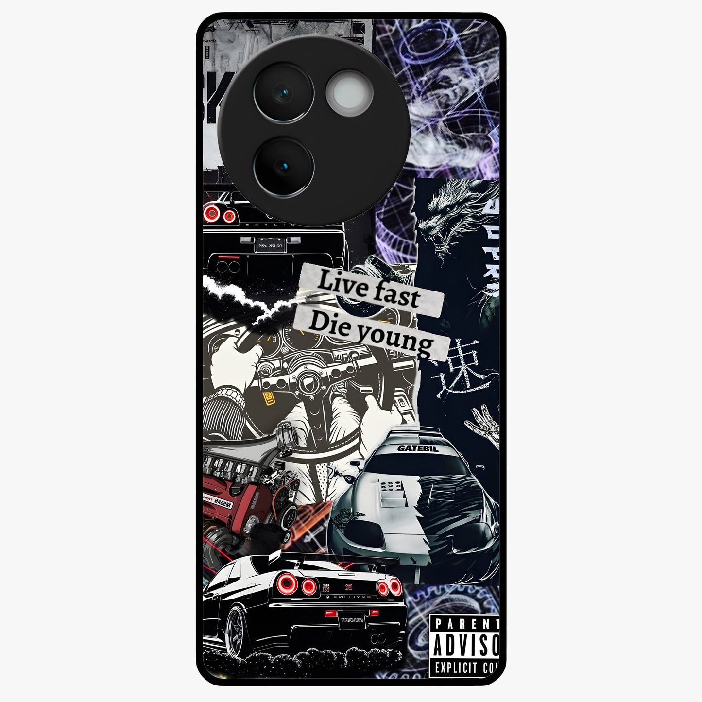 Die Young Glass Case showing flat back view with bold artistic typography design and glossy glass finish.