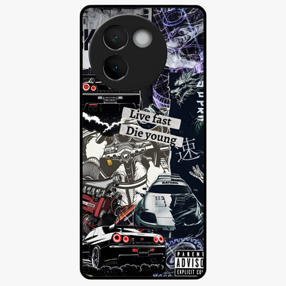 Die Young Glass Case showing flat back view with bold artistic typography design and glossy glass finish.