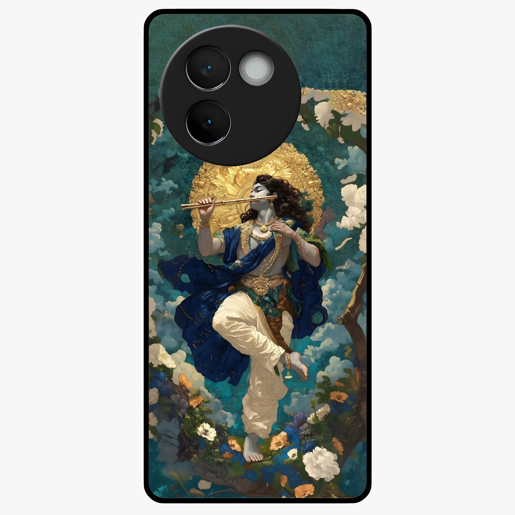 Divine Krishna Art Glass Case showing flat back view with Lord Krishna artwork and glossy glass finish.