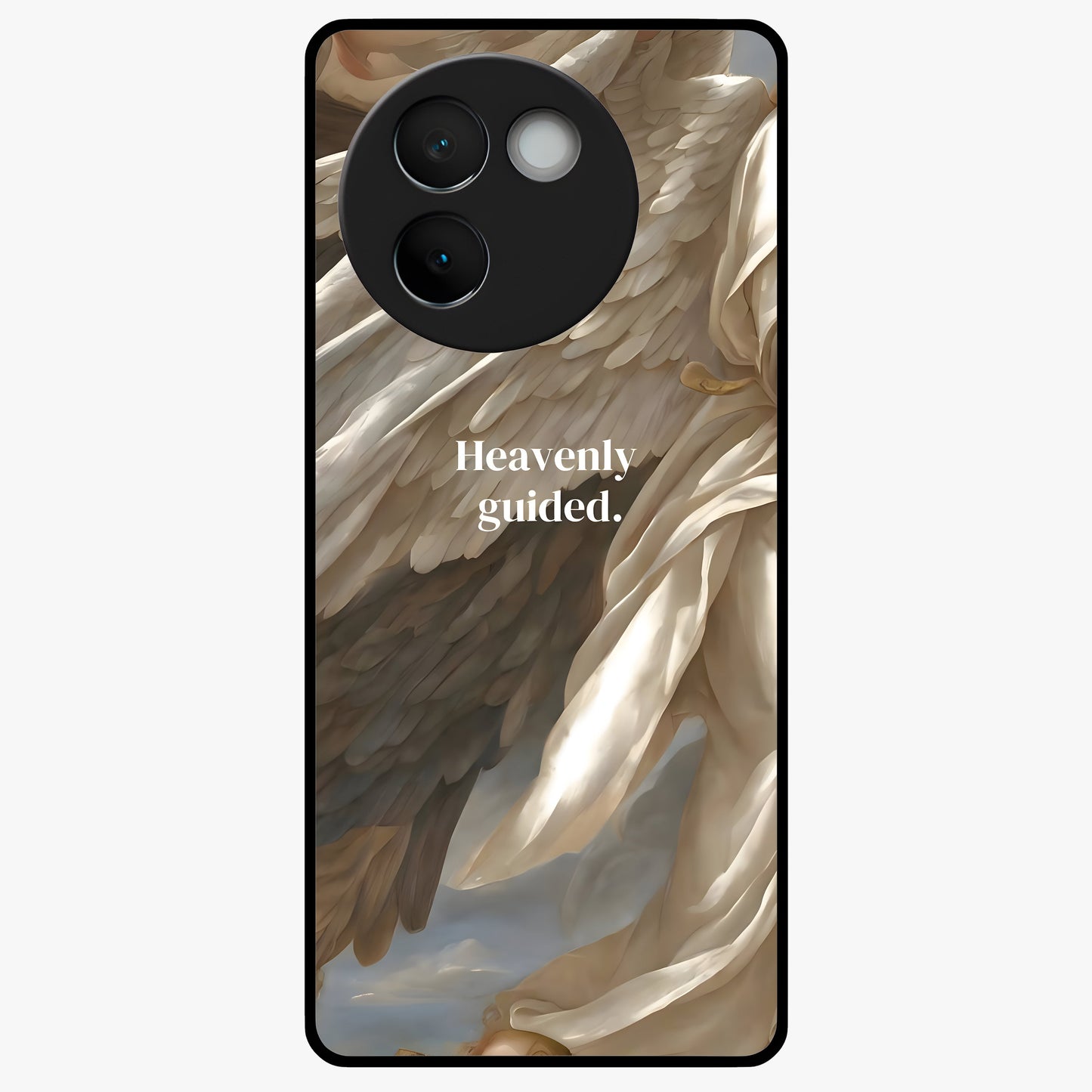 Divine Winged Grace Glass Case showing flat back view with elegant wing inspired artwork and glossy glass finish.