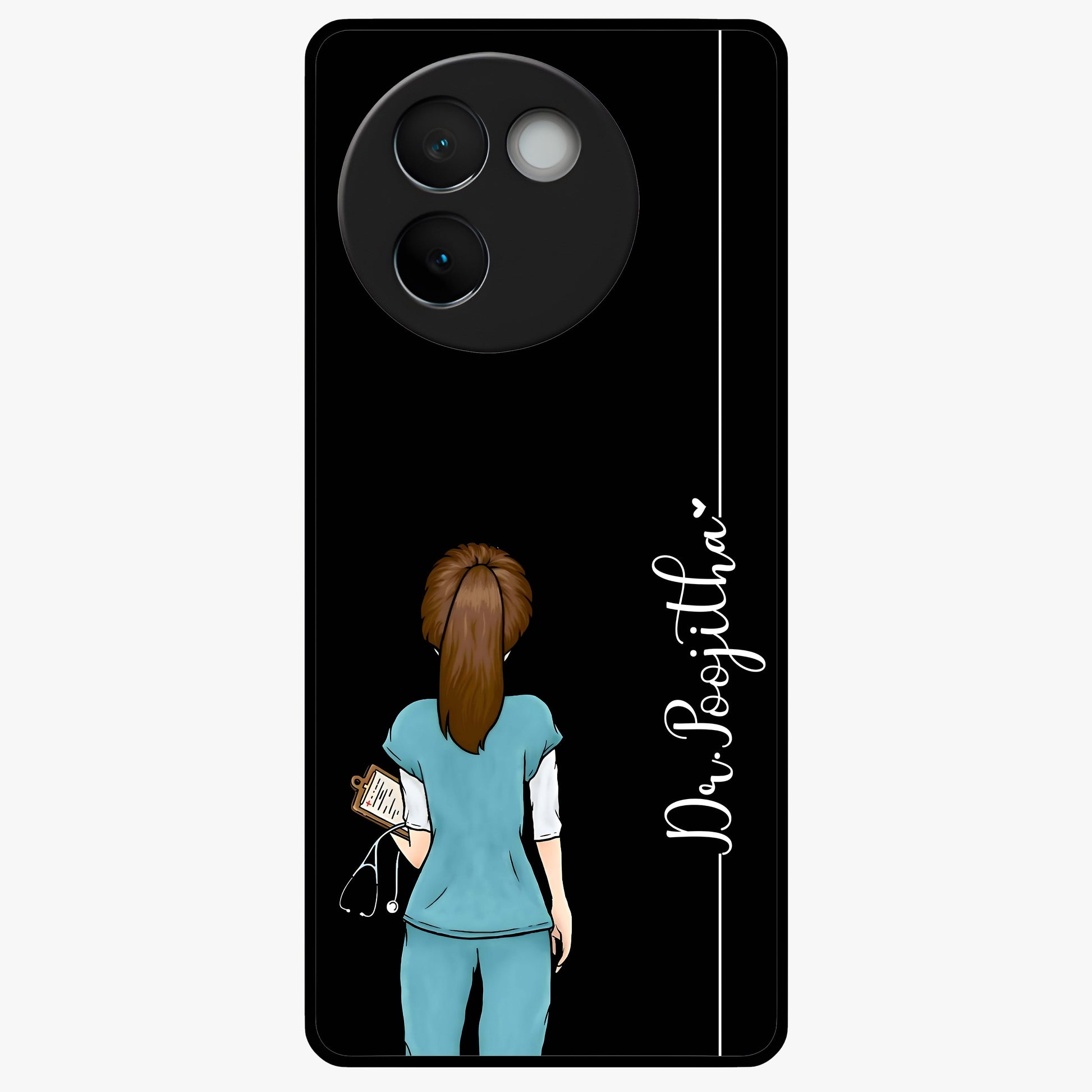 Doctor Pattern Custom Name Glass Case showing flat back view with medical themed pattern and personalized name design.
