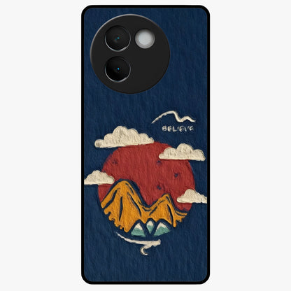 Dream Beyond Mountains Glass Case showing flat back view with scenic mountain landscape artwork and glossy glass finish.