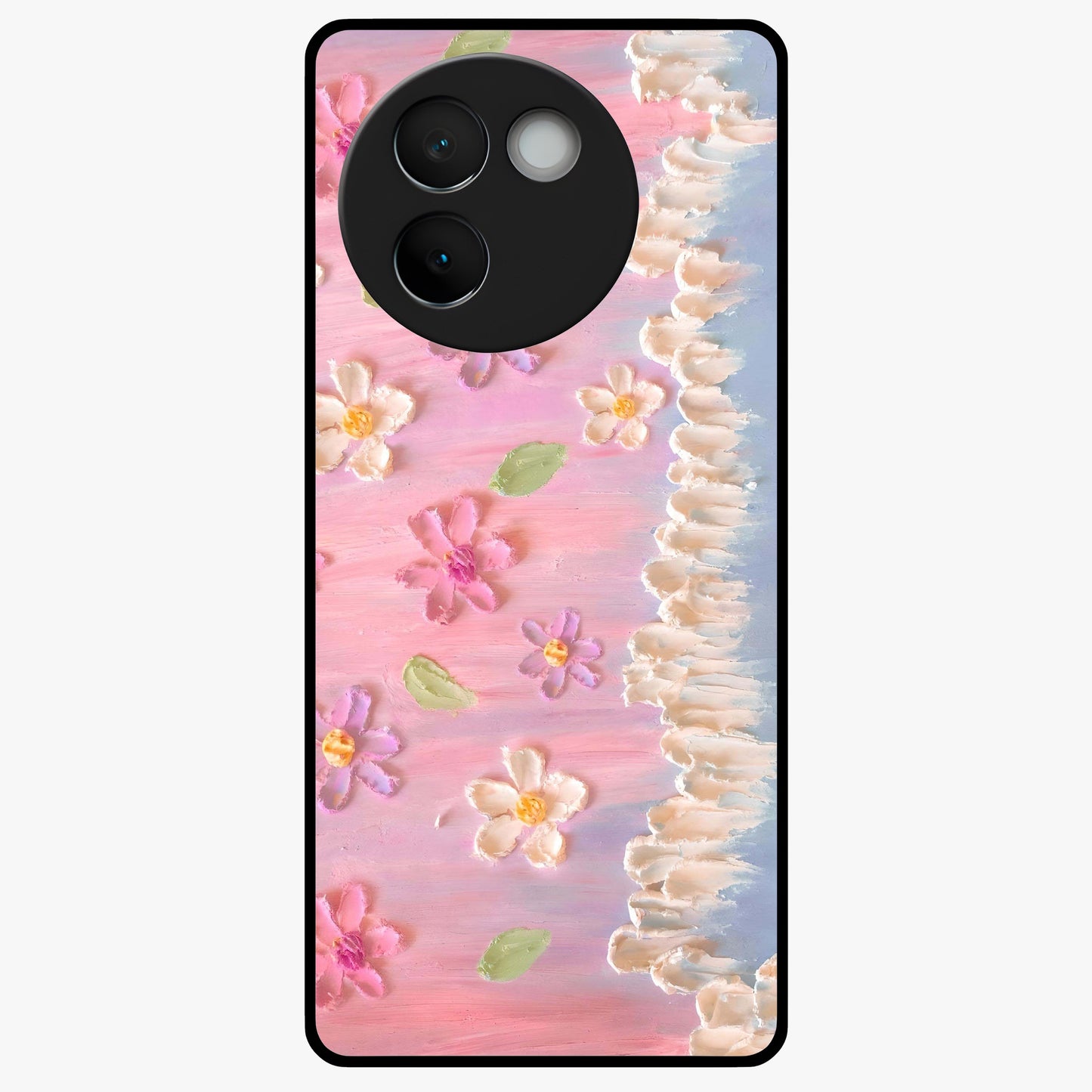 Dreamy Painted Garden Glass Case showing flat back view with artistic painted floral garden artwork and glossy glass finish.