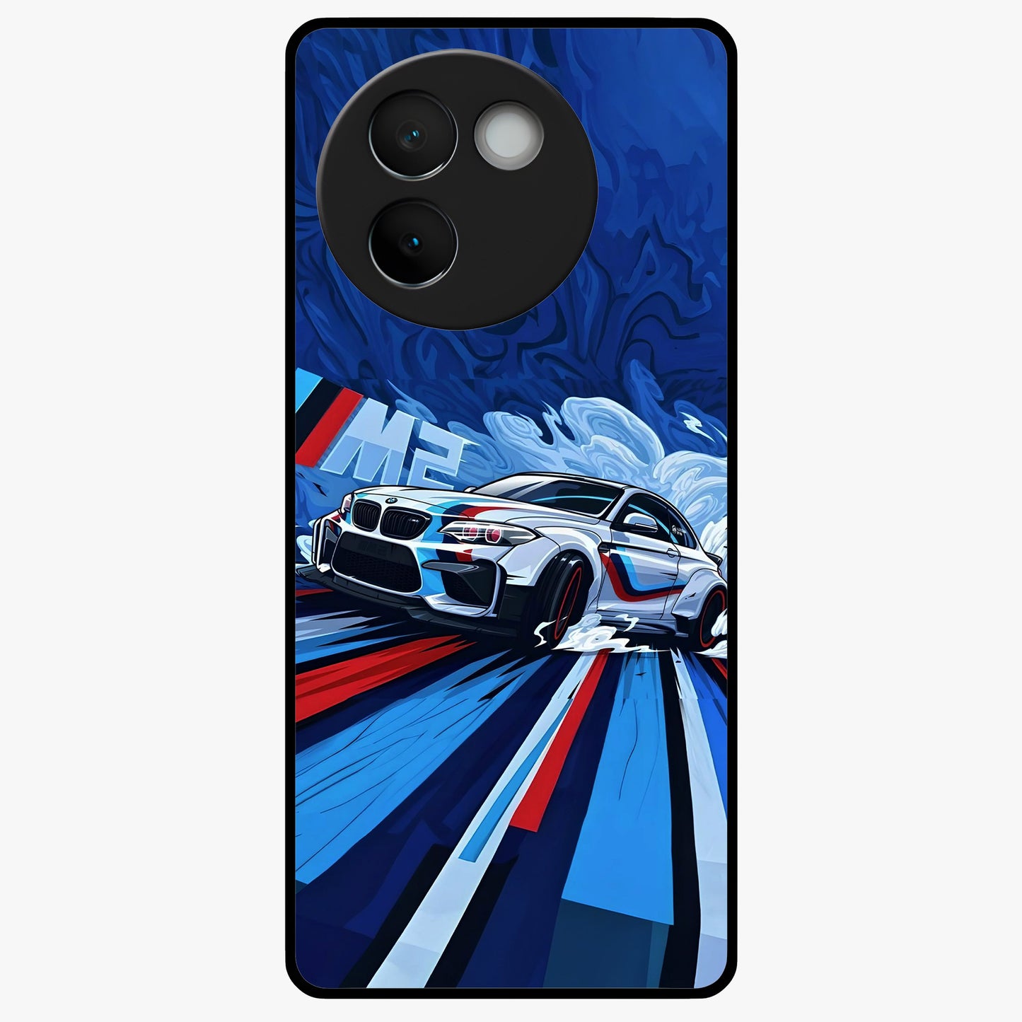Drift Power Rush Glass Case showing flat back view with dynamic racing inspired artwork and glossy glass finish.