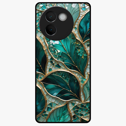 Emerald Leaf Glass Glass Case showing flat back view with emerald green leaf artwork and glossy glass finish.