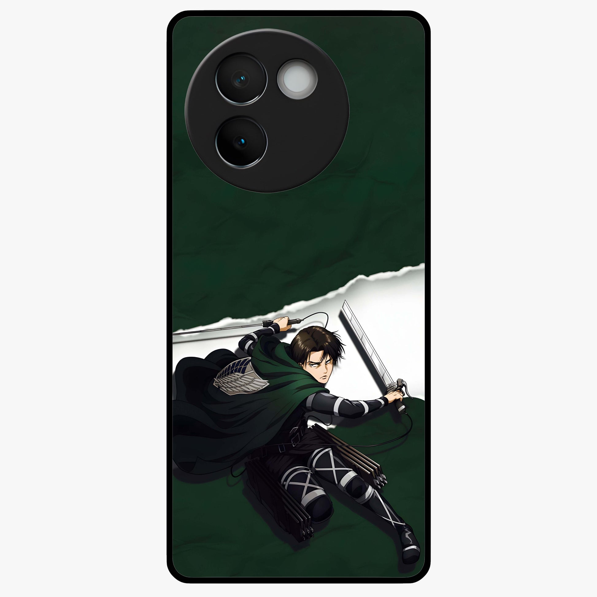 Emerald War Vanguard Glass Case showing flat back view with powerful warrior themed artwork and glossy glass finish.