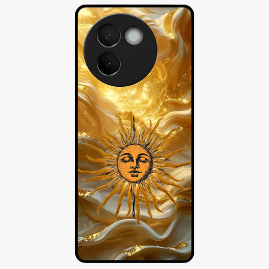 Eternal Golden Glow Glass Case showing flat back view with radiant golden themed artwork and glossy glass finish.