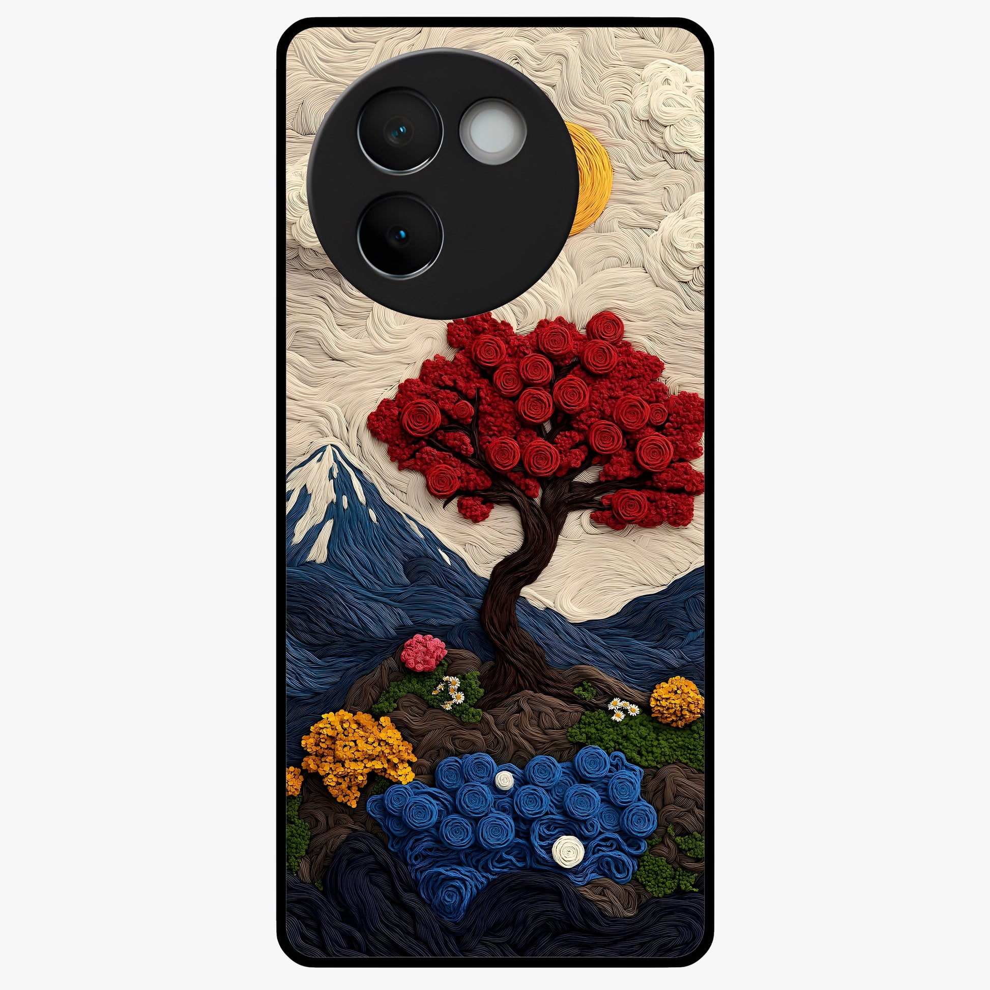 Eternal Nature Tapestry Glass Case showing flat back view with intricate nature tapestry artwork and glossy glass finish.