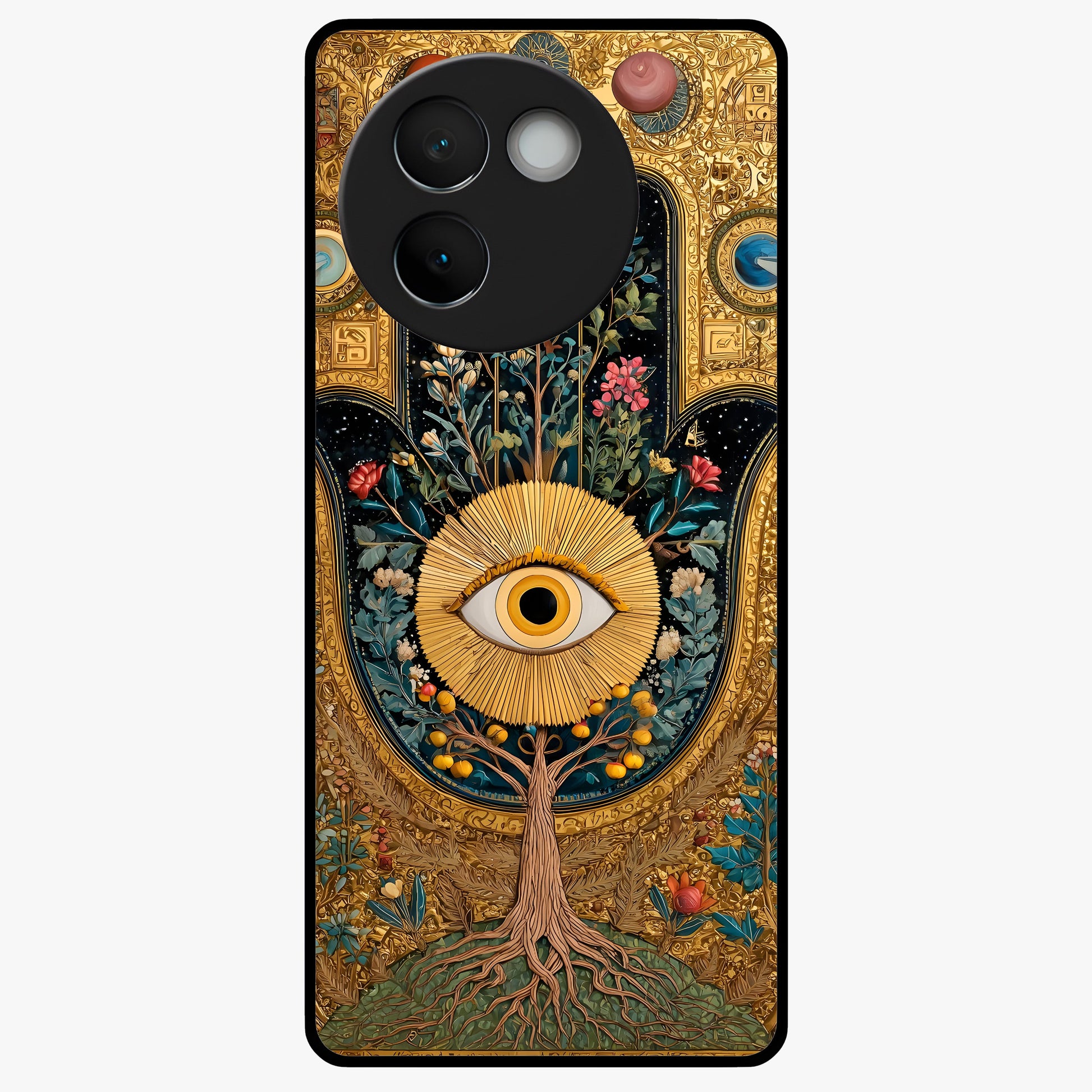 Ethereal Evil Eye Glass Case showing flat back view with mystical evil eye artwork and glossy glass finish.