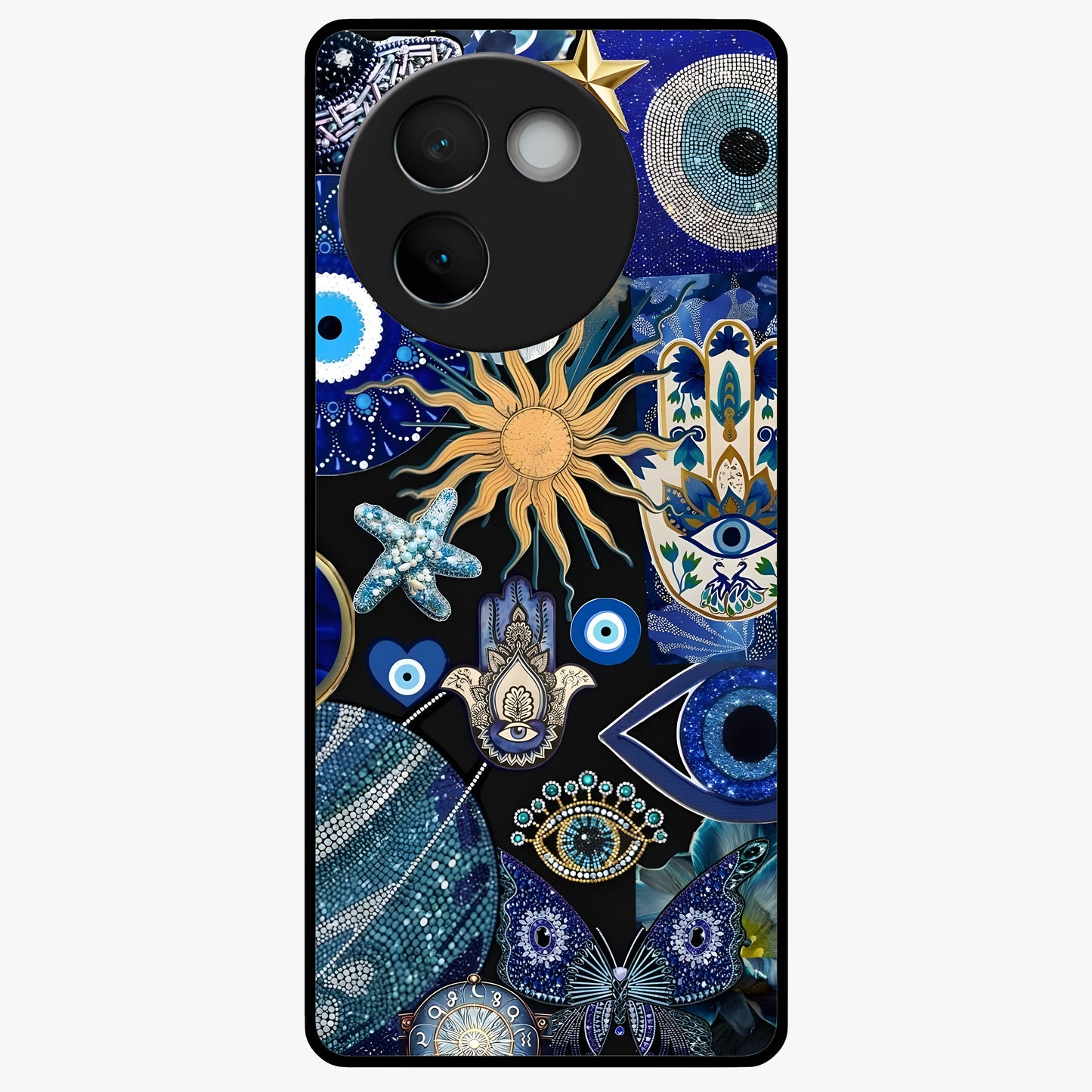 Evil Eye Charm Mix Glass Case showing flat back view with multiple evil eye charms artwork and glossy glass finish.