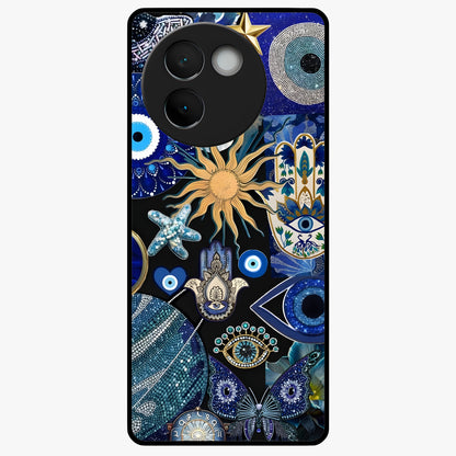 Evil Eye Charm Mix Glass Case showing flat back view with multiple evil eye charms artwork and glossy glass finish.