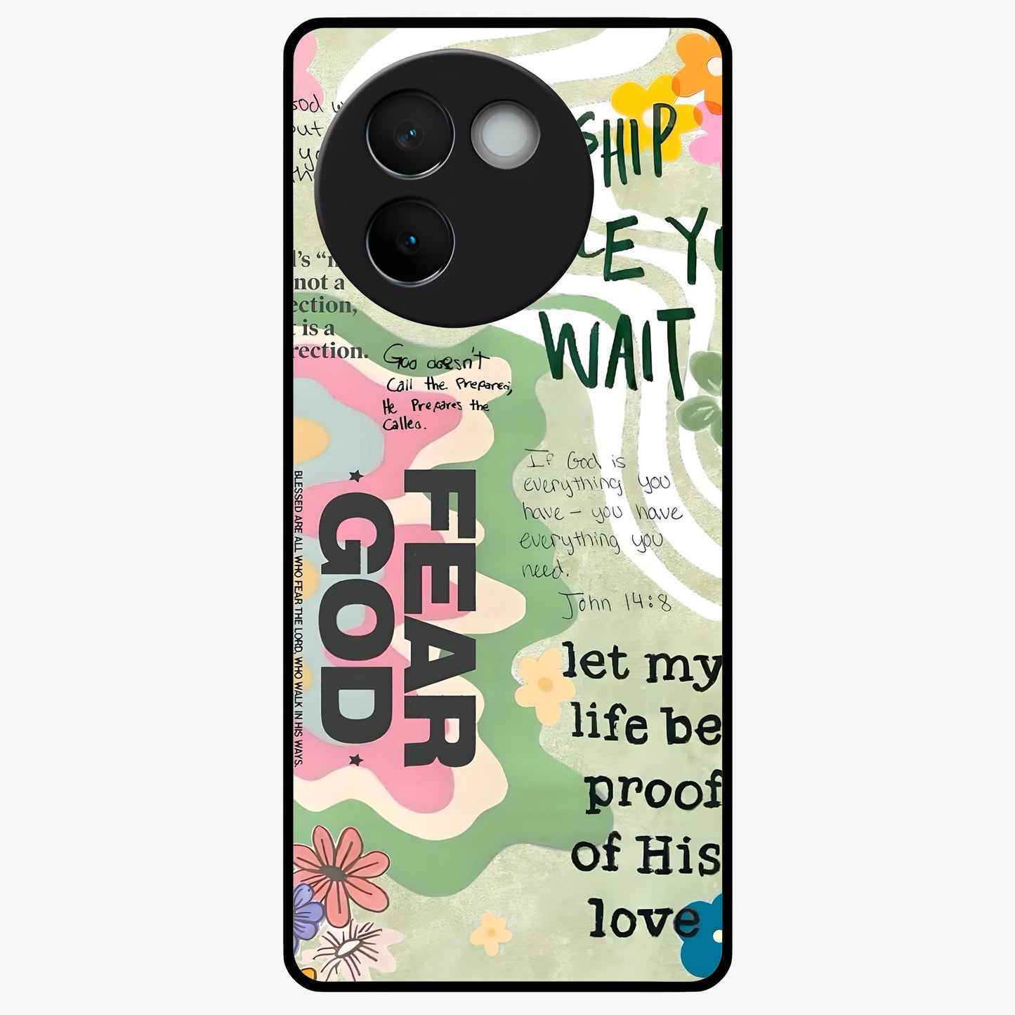 Faith Over Fear Glass Case showing flat back view with motivational typography artwork and glossy glass finish.