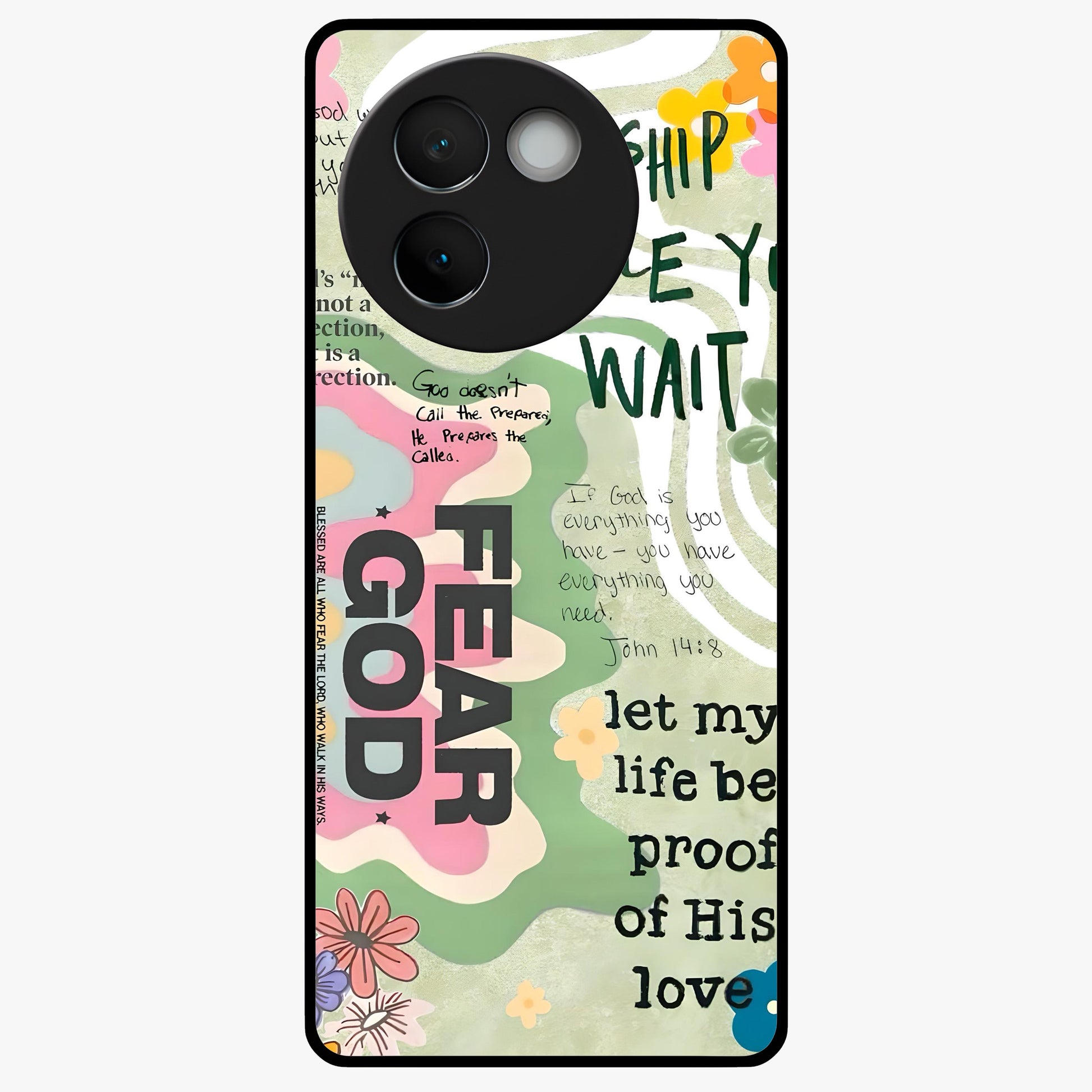 Faith Over Fear Glass Case showing flat back view with motivational typography artwork and glossy glass finish.
