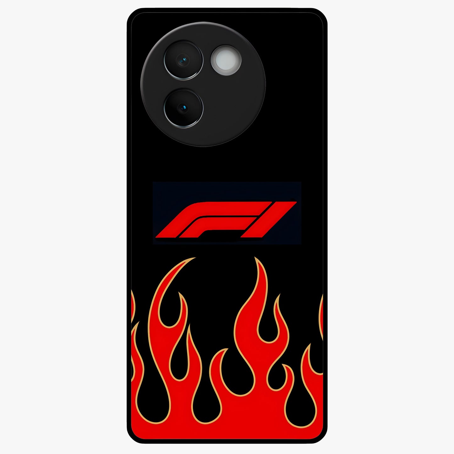 Fire F11 Glass Case showing flat back view with fiery themed artwork and glossy glass finish.