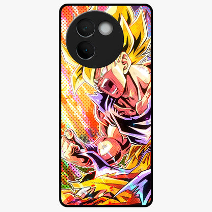 Firing Goku Glass Case showing flat back view with powerful anime inspired artwork and glossy glass finish.