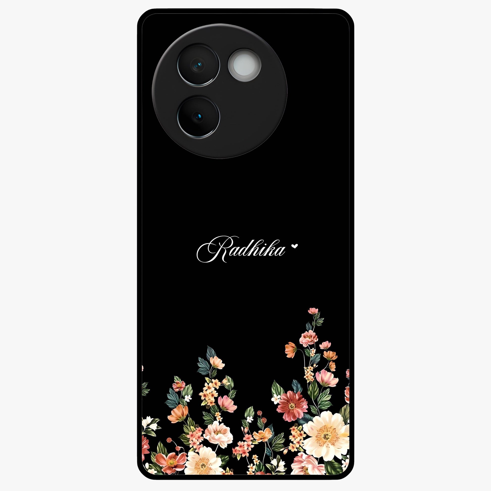 Floral Design With a Custom Personalized Name Glass Case showing flat back view with floral artwork and personalized name design.
