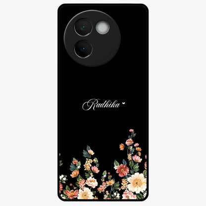 Floral Design With a Custom Personalized Name Glass Case showing flat back view with floral artwork and personalized name design.