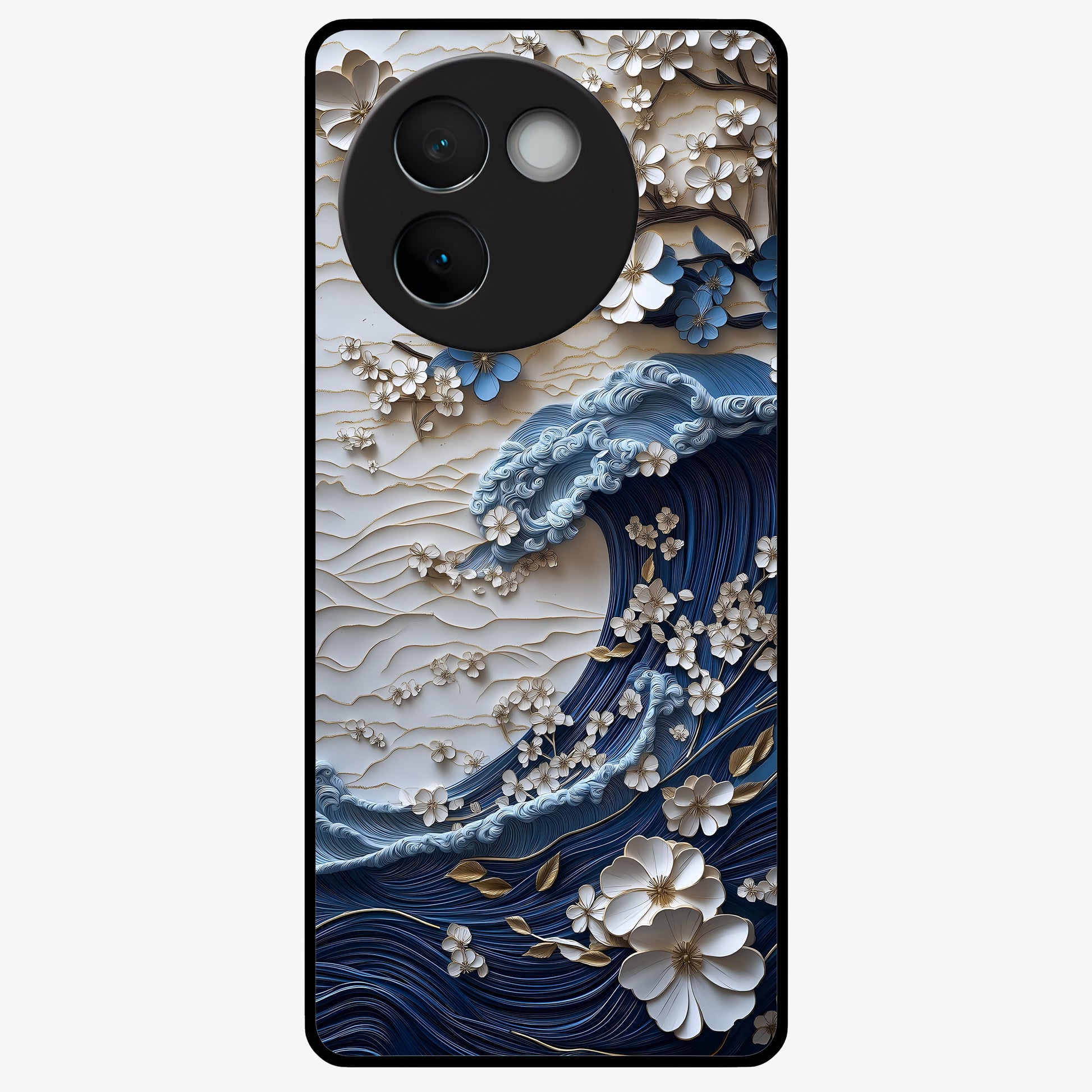 Floral Wave Origami Glass Case showing flat back view with origami inspired floral wave artwork and glossy glass finish.