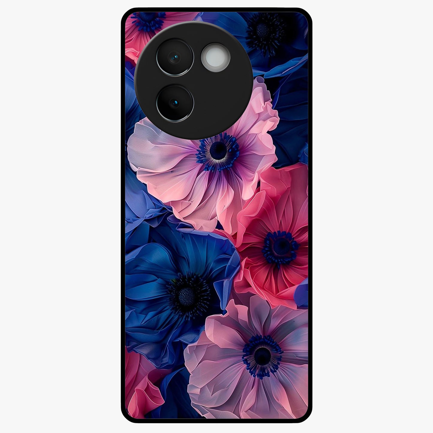 Flower Paper Art Pattern Glass Case showing flat back view with paper cut style floral artwork and glossy glass finish.