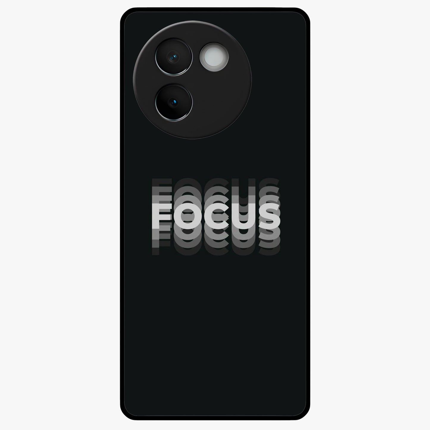 Focus Mode On Glass Case showing flat back view with bold motivational typography design and glossy glass finish.