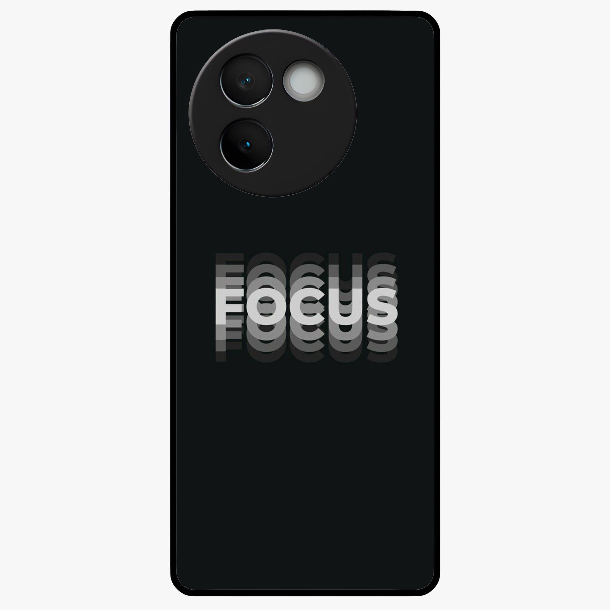 Focus Mode On Glass Case showing flat back view with bold motivational typography design and glossy glass finish.