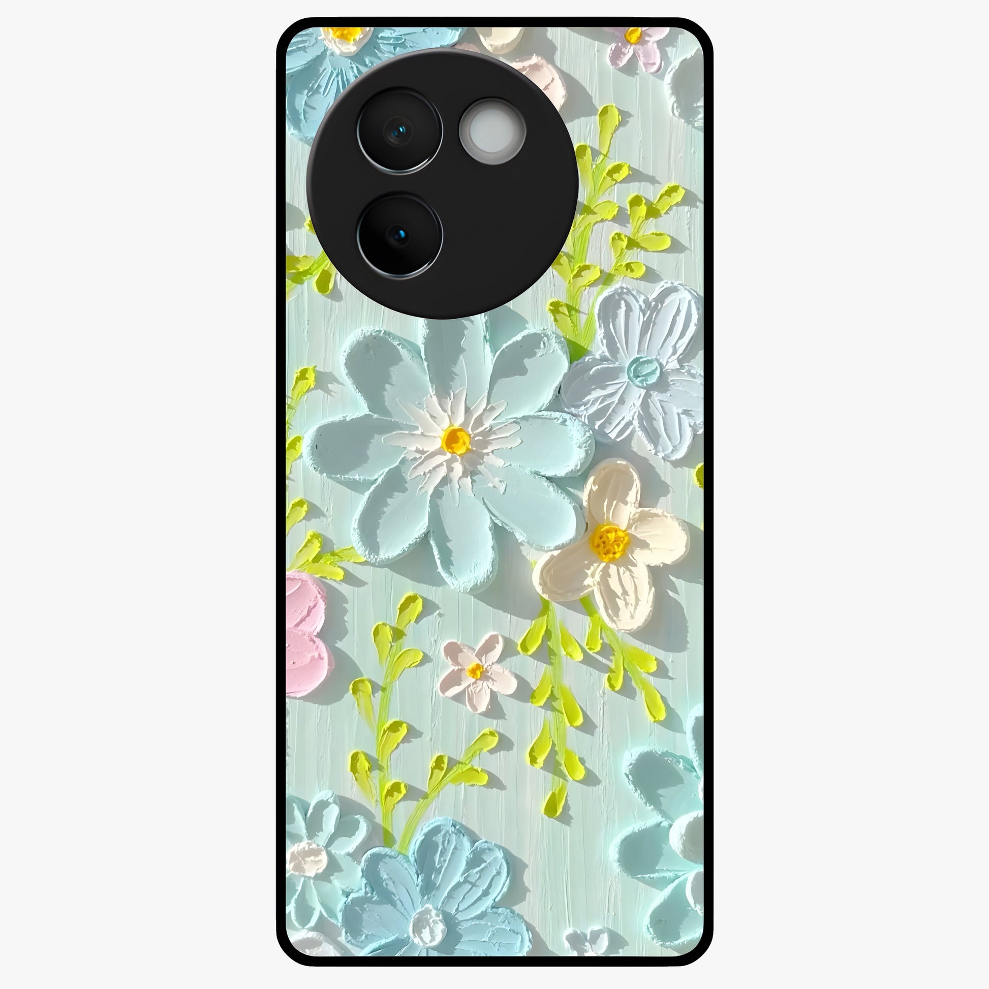 Frosted Petal Garden Glass Case showing flat back view with soft frosted floral artwork and glossy glass finish.